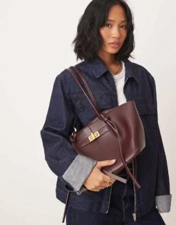 Gina Tricot Faux Leather Small Tote Bag With Strap And Clutch Detail In Burgundy For Women -Curated Apparel Shop 208218040 1 khaki 1