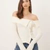 Gina Tricot Button Front Ribbed Long Sleeve Off The Shoulder Top In Cream For Women