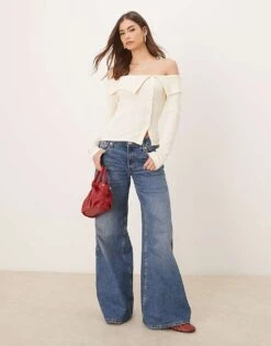 Gina Tricot Button Front Ribbed Long Sleeve Off The Shoulder Top In Cream For Women -Curated Apparel Shop 208239767 4