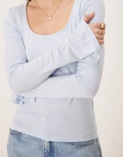 Gina Tricot Soft Touch Long Sleeve Top With Scoop Neck And Split Cuffs In Blue For Women -Curated Apparel Shop 208239774 3