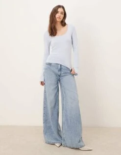 Gina Tricot Soft Touch Long Sleeve Top With Scoop Neck And Split Cuffs In Blue For Women -Curated Apparel Shop 208239774 4