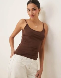 Gina Tricot Jersey Strappy Cami Top In Brown For Women